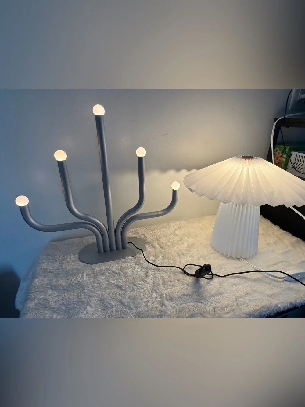 IKEA Gray Multi-Arm LED Table Lamp and White Pleated Table Lamp